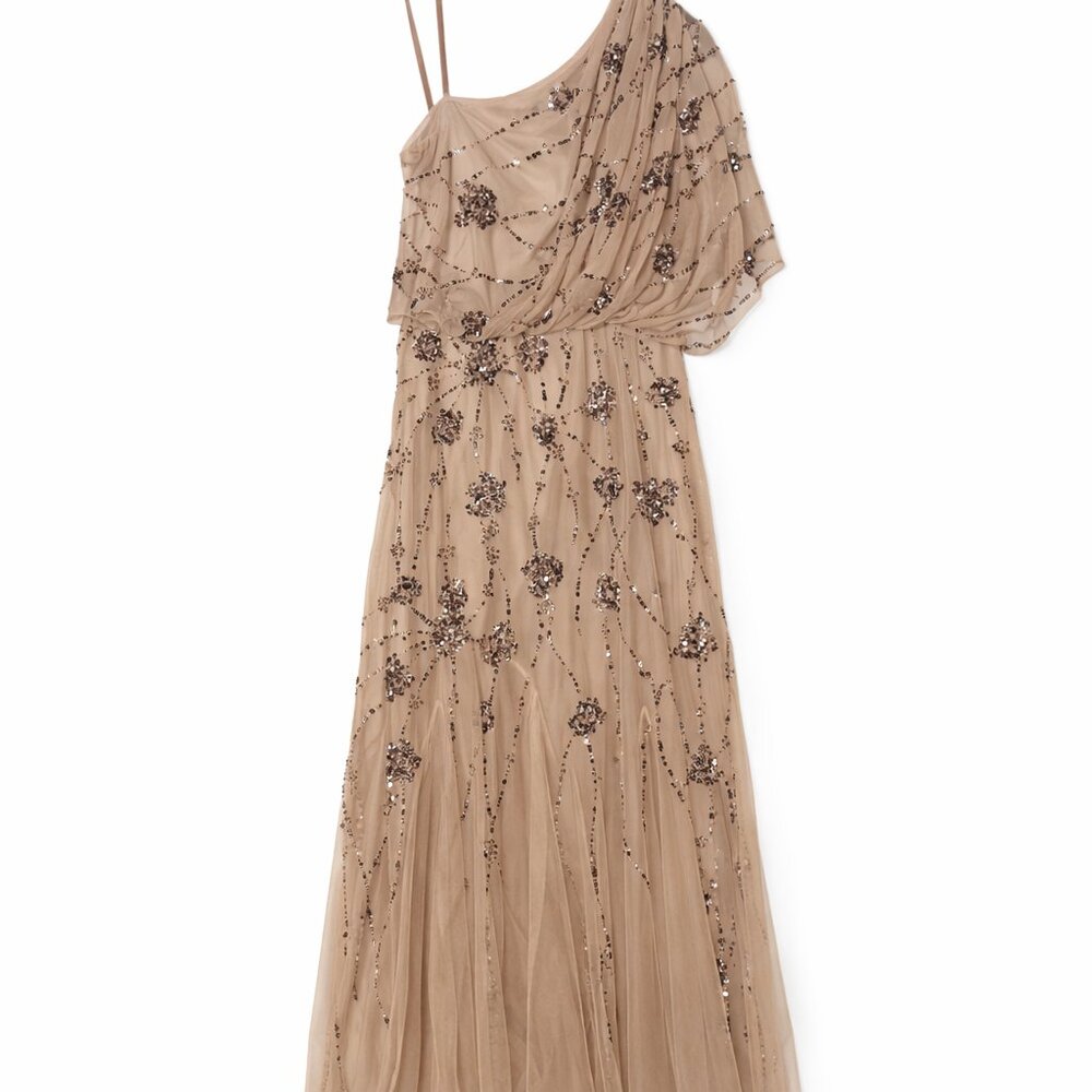 Adrianna Papell Nude Sequin One-Shoulder Evening Gown | Size 2 | Formal Beaded